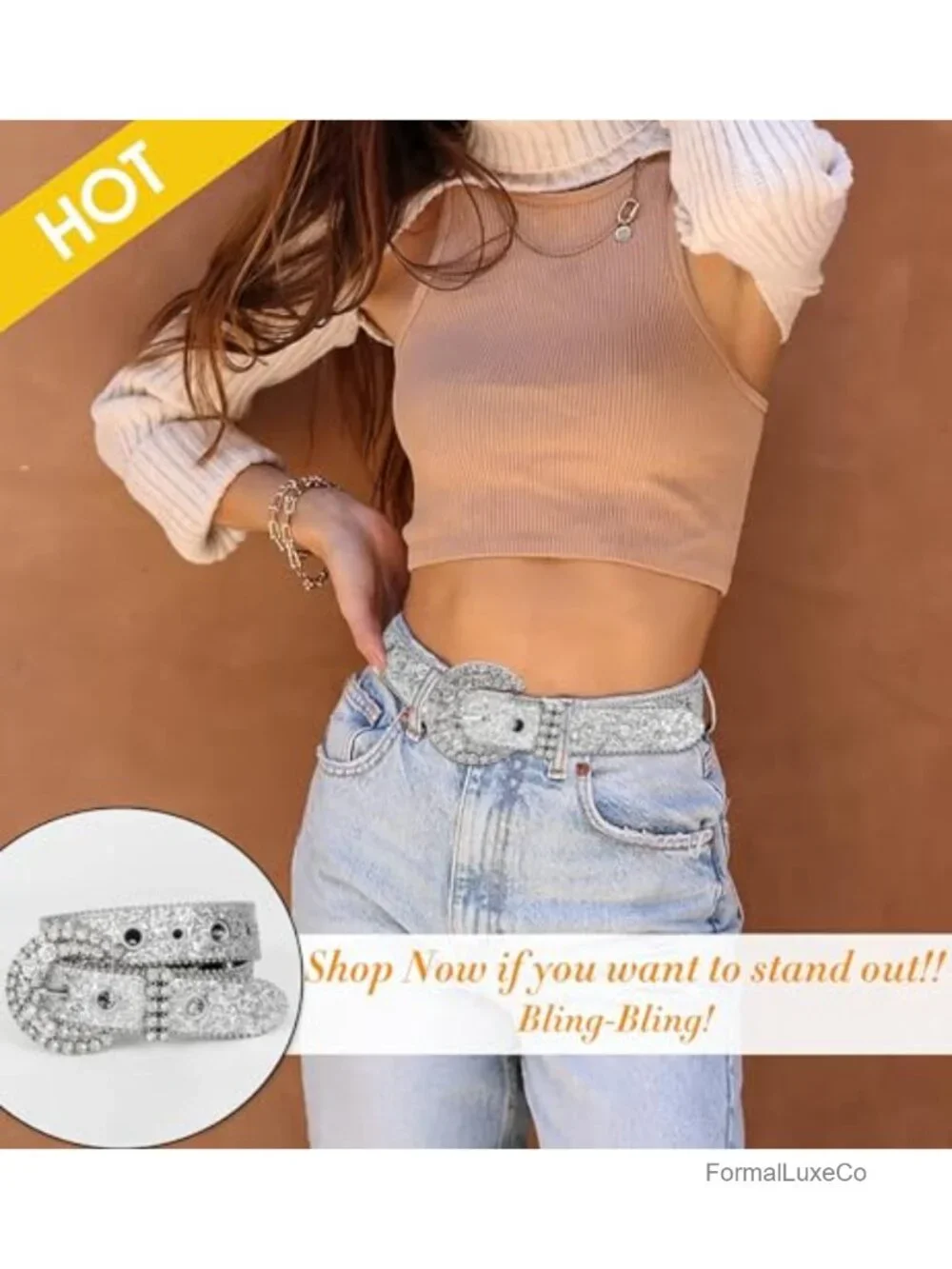 Rhinestone Studded Bling Cowgirl Western Belt, Faux Leather